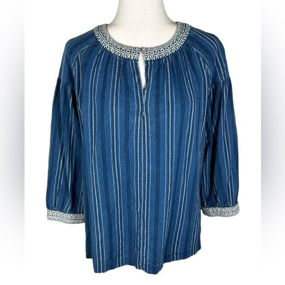 Massimo Dutti Blue Chambray Striped Embroidered Blouse Top - Picture 1 of 5